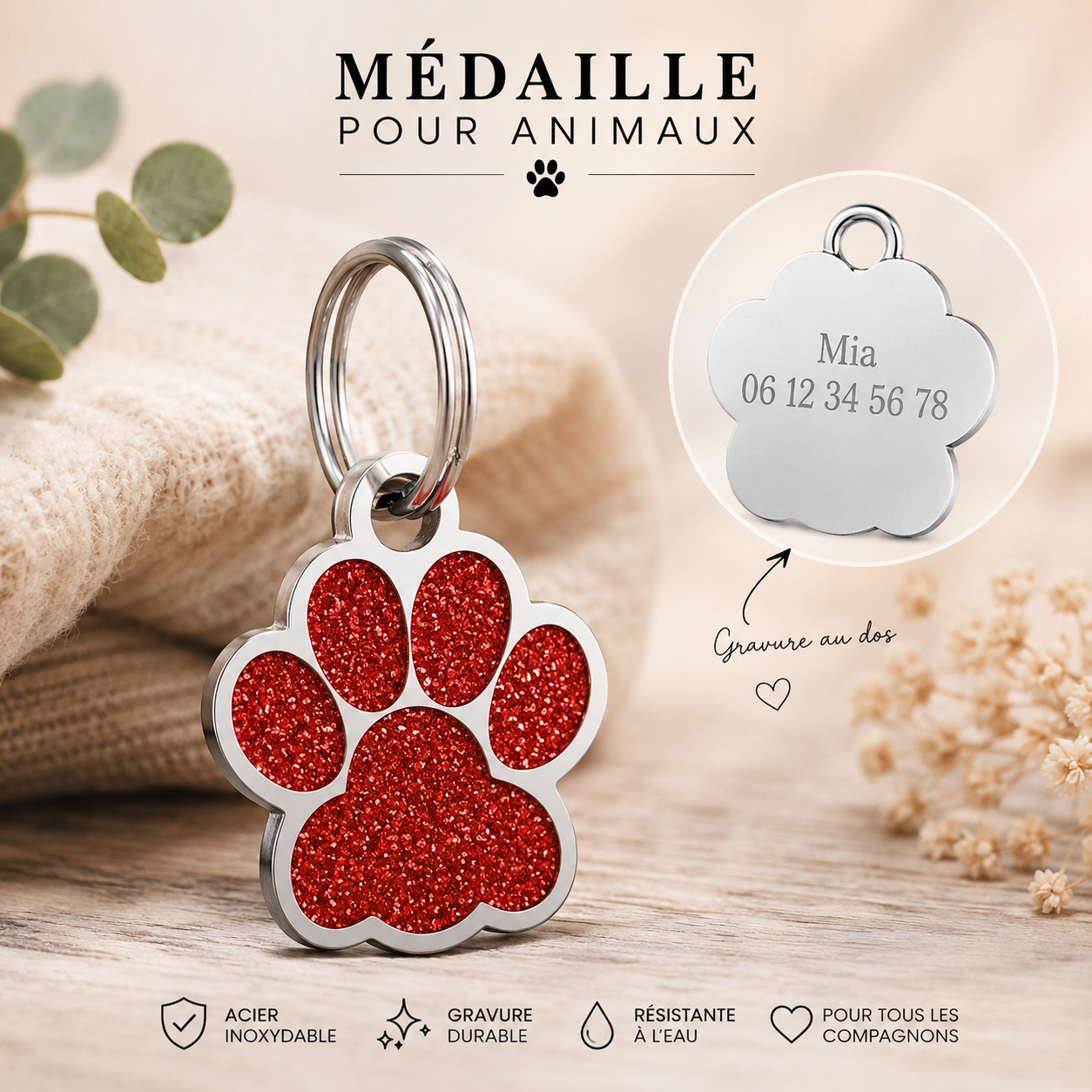 Médaillon patte personnalisable pour chiens