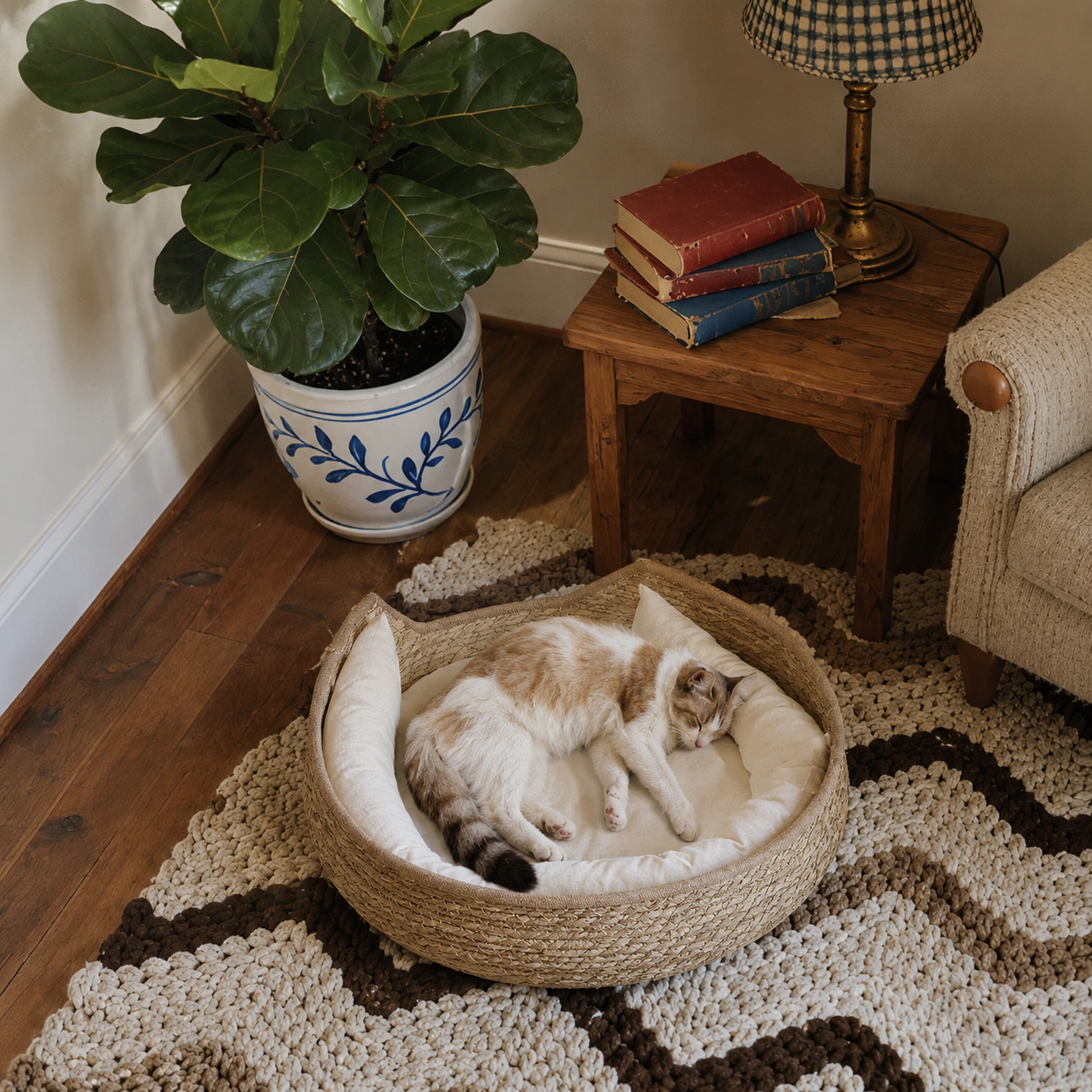 Panier tressé rond avec coussin