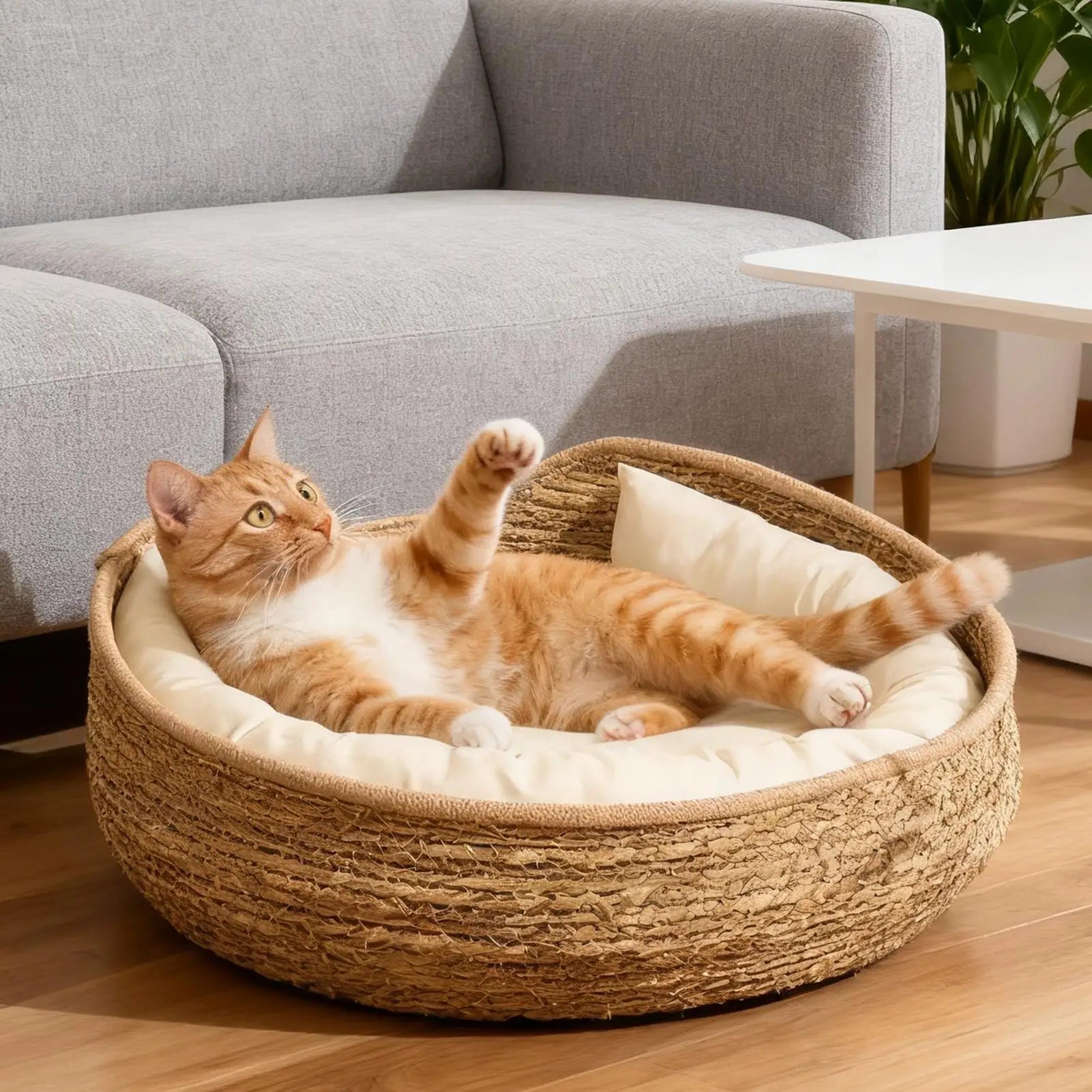 Panier tressé rond avec coussin