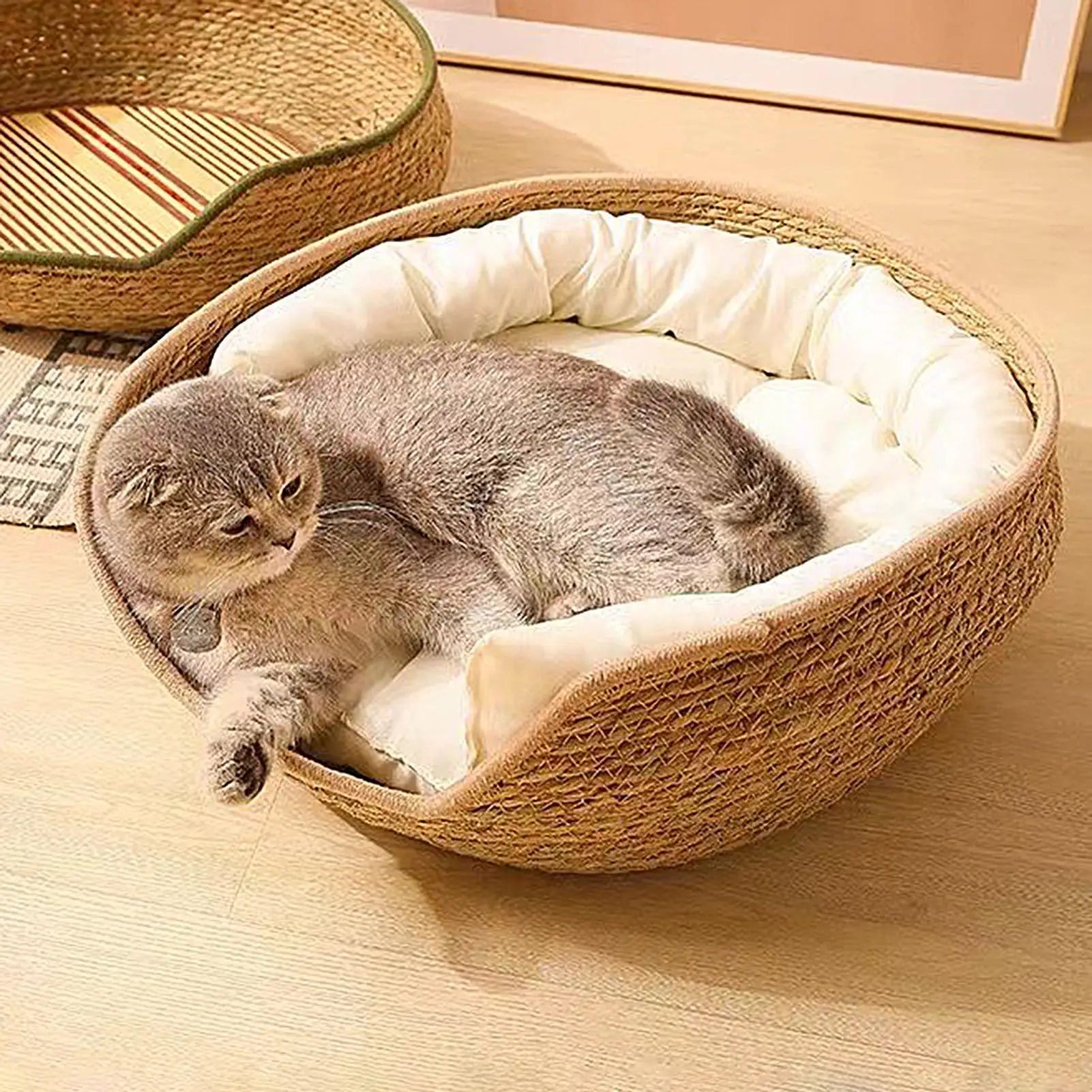 Panier tressé rond avec coussin
